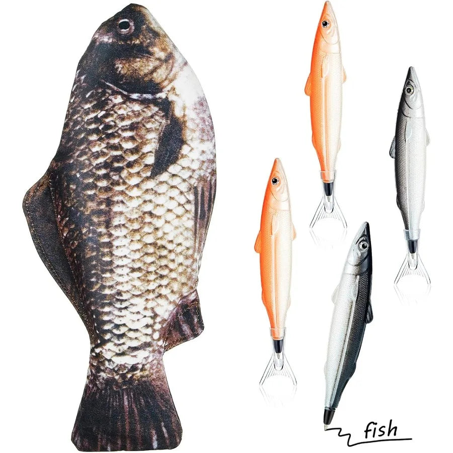 Fish-shaped pencil case with padded foam lining and adorable fish pens ideal for school office or travel use featuring durable