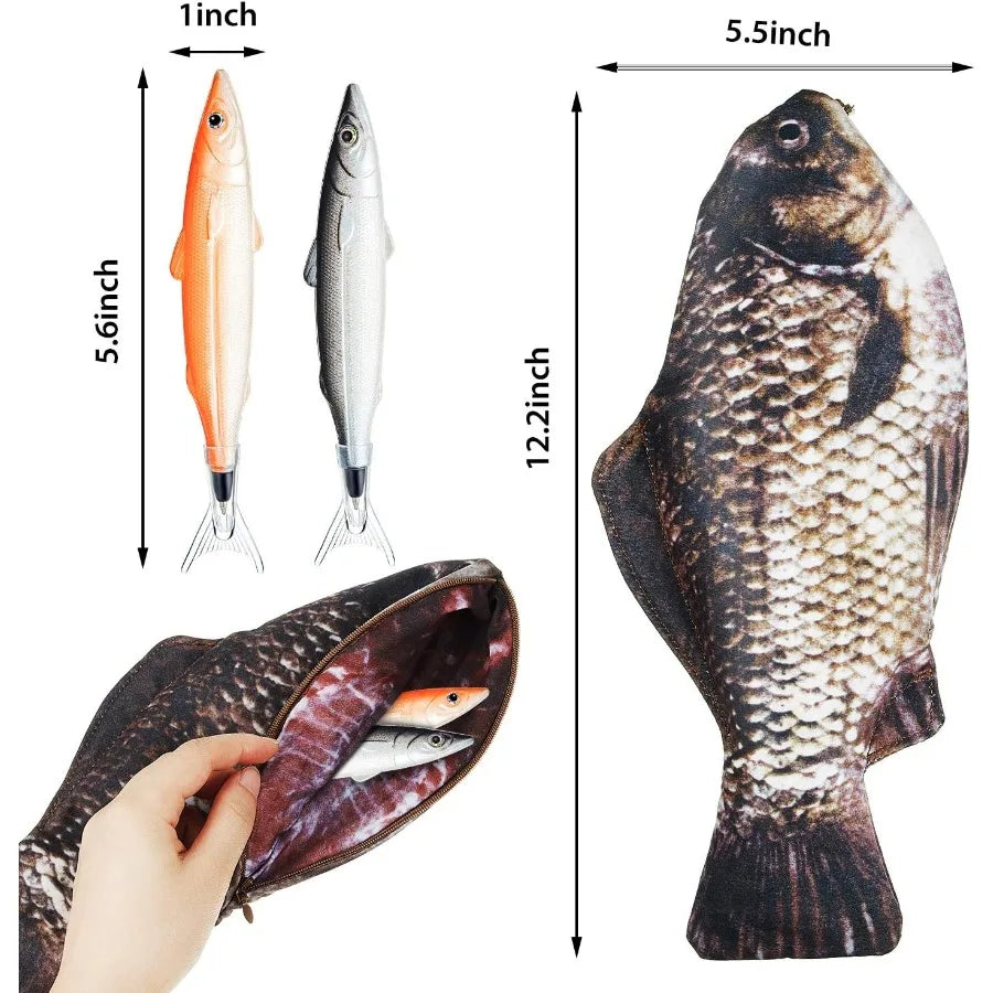 Fish-shaped pencil case with padded foam lining and adorable fish pens ideal for school office or travel use featuring durable